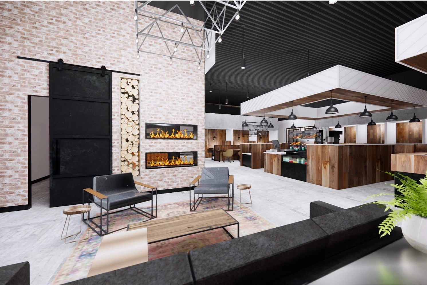 Rendering of lobby_Lenox Rendering of fireplace lounge at Roam Lenox coming Spring 2020