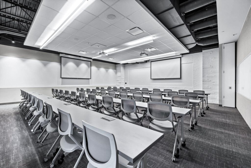 Flexible training room for up to 40 people available for rent in North Dallas, Texas at Roam Grandscape