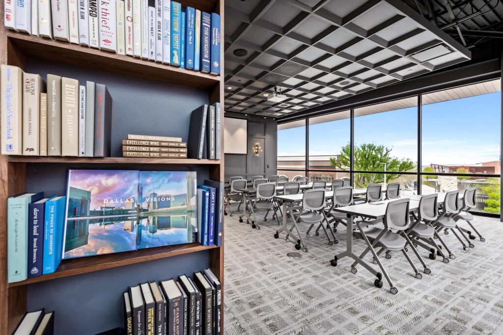 Library, speakeasy-inspired meeting space at Roam Grandscape in North Dallas, Texas