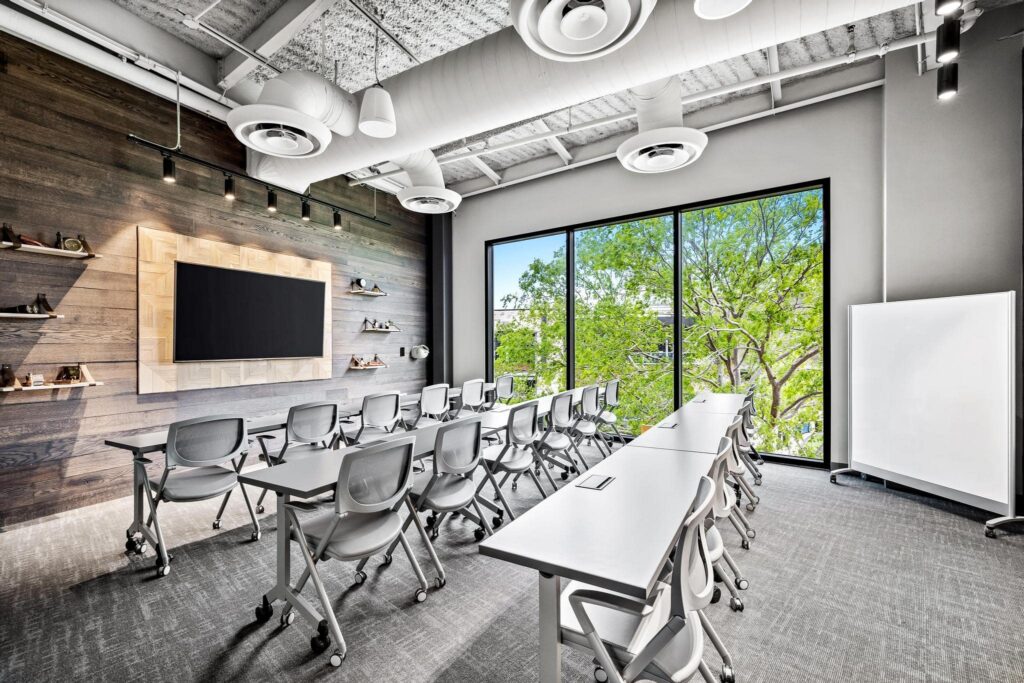 Luxury training room with classroom setup at Roam Grandscape in North Dallas