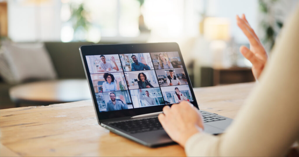 Video call, business people or hands greeting on laptop in virtual meeting for discussion on screen in home.