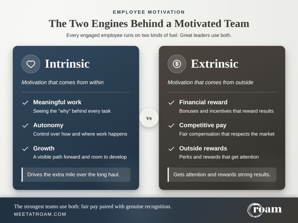 Infographic comparinf intrinsic and extrinsic motivation in the workplace