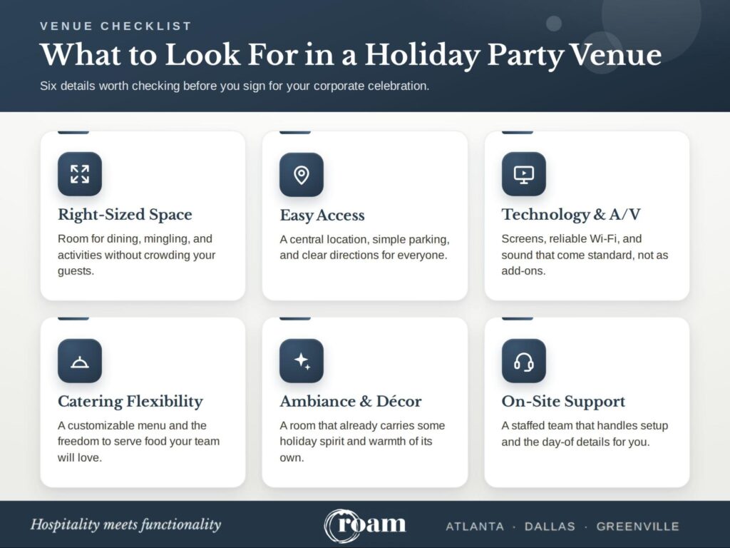 Infographic describing what you should look for when choosing a holiday party venue