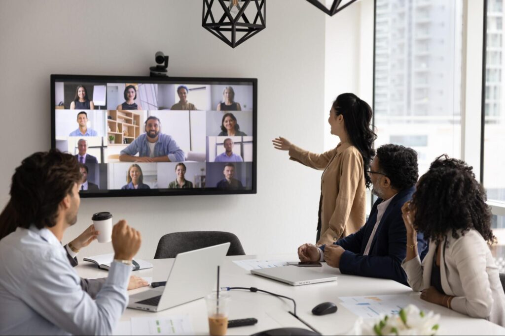 Distributed team collaborating on a video call