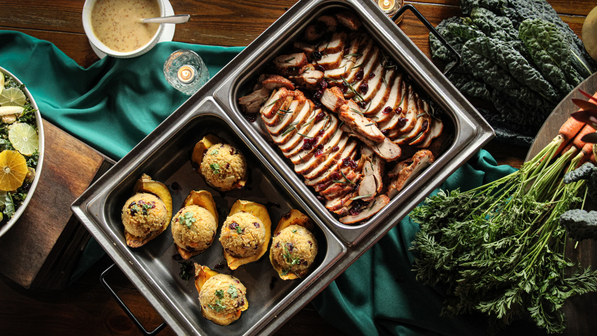meat and rice in a catering dish